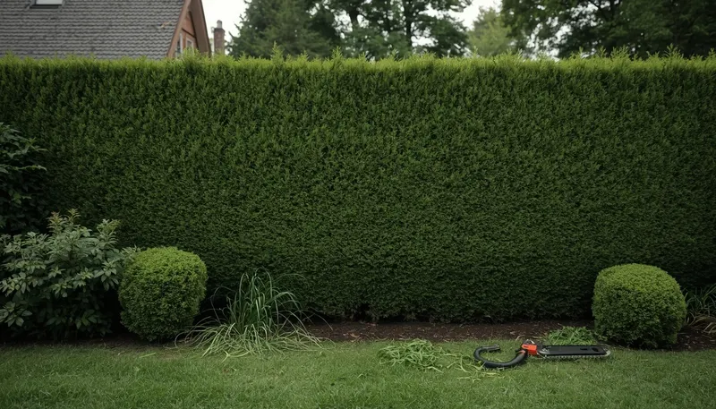Gepflegte Hecke mit Rasenfläche