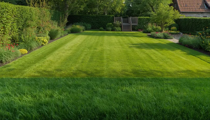 Gepflegter Garten mit sattgrüner Rasenfläche